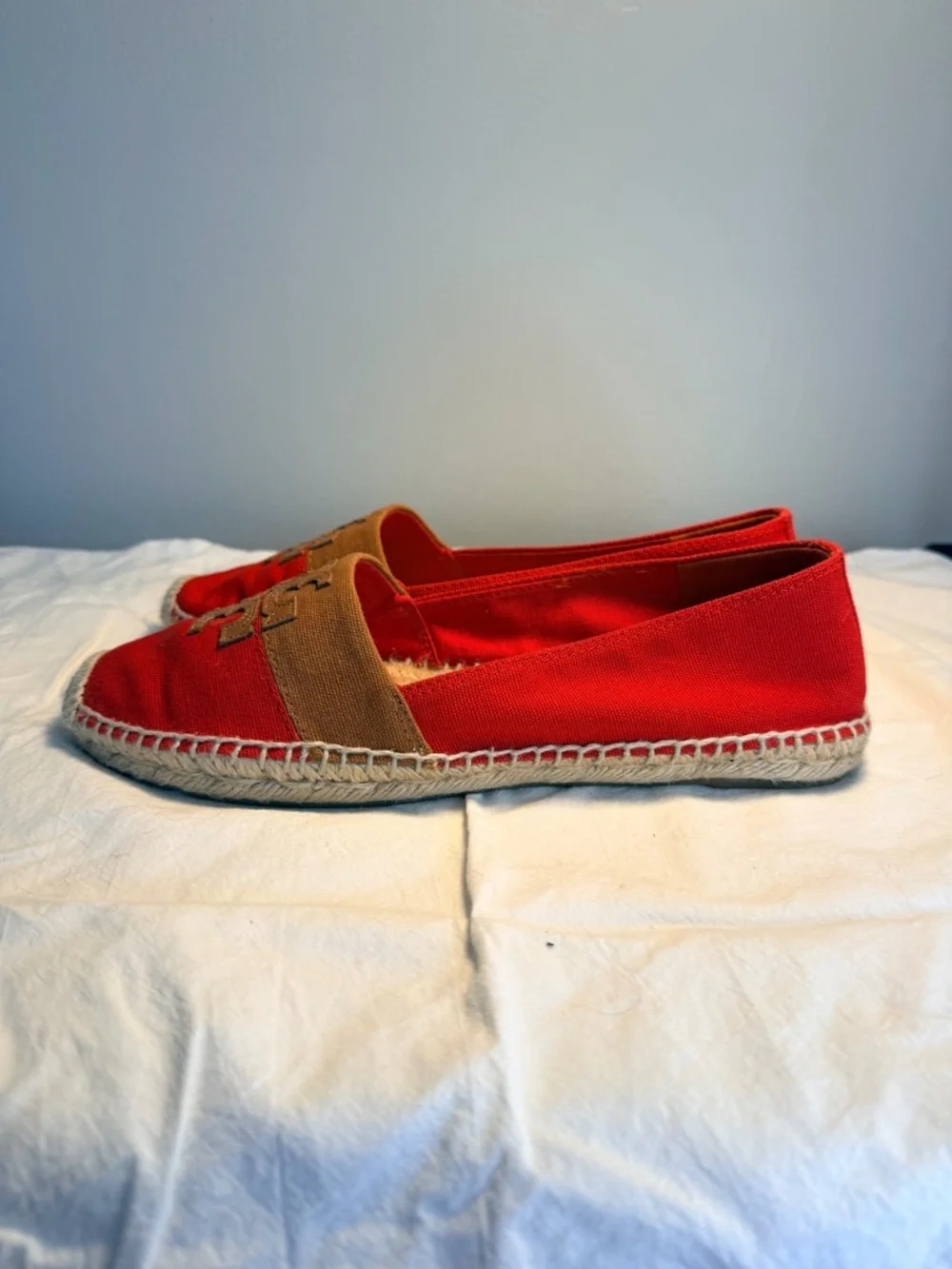 Tory Burch Red Canvas Espadrilles with Tan Trim and Logo